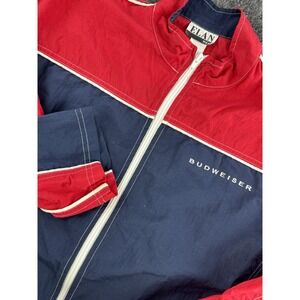 Vintage Budweiser Windbreaker Jacket Womens L Red Blue Full Zip Beer 23x21